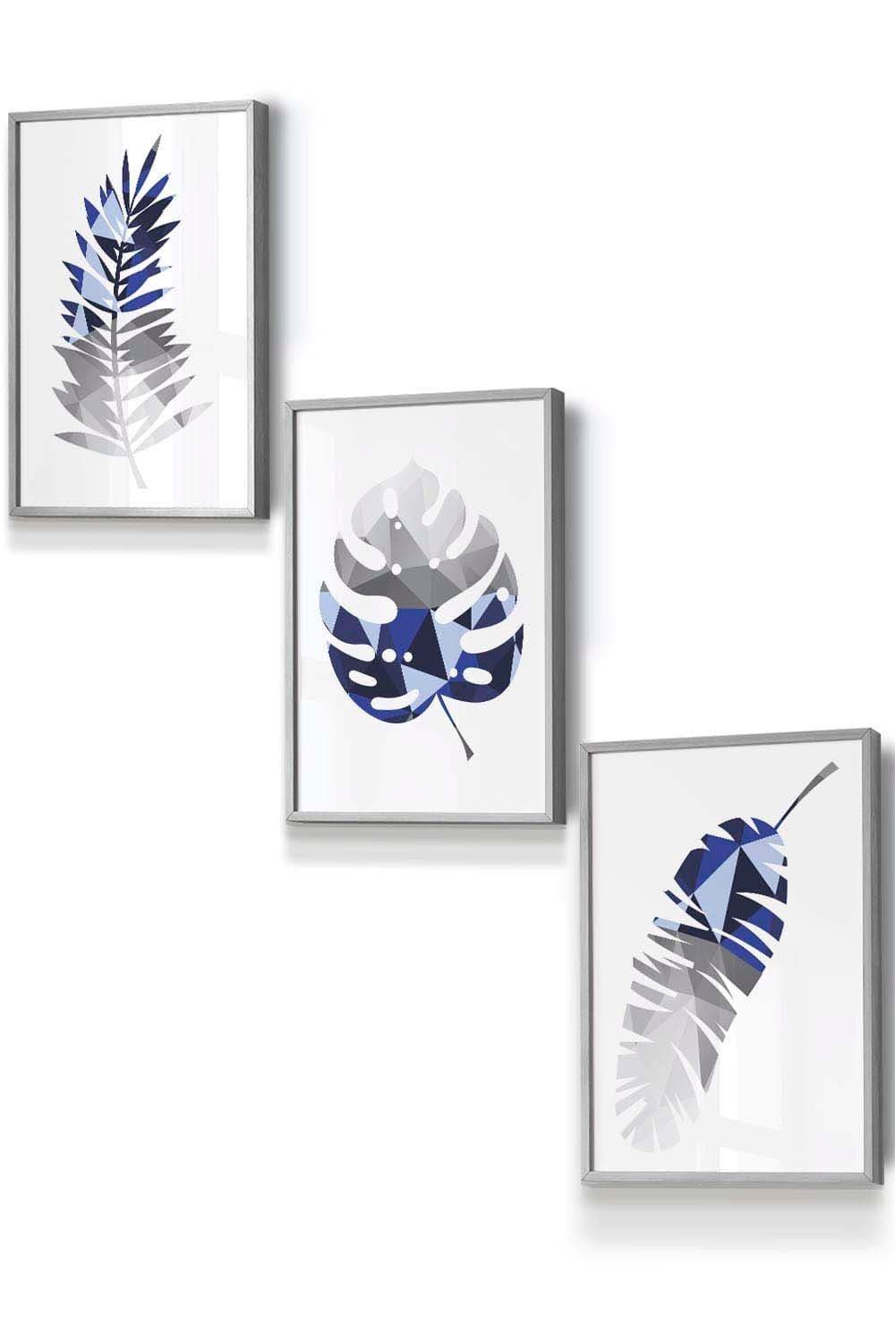 Geometric Tropical Leaves In Navy Blue Grey Framed Wall Art - Small